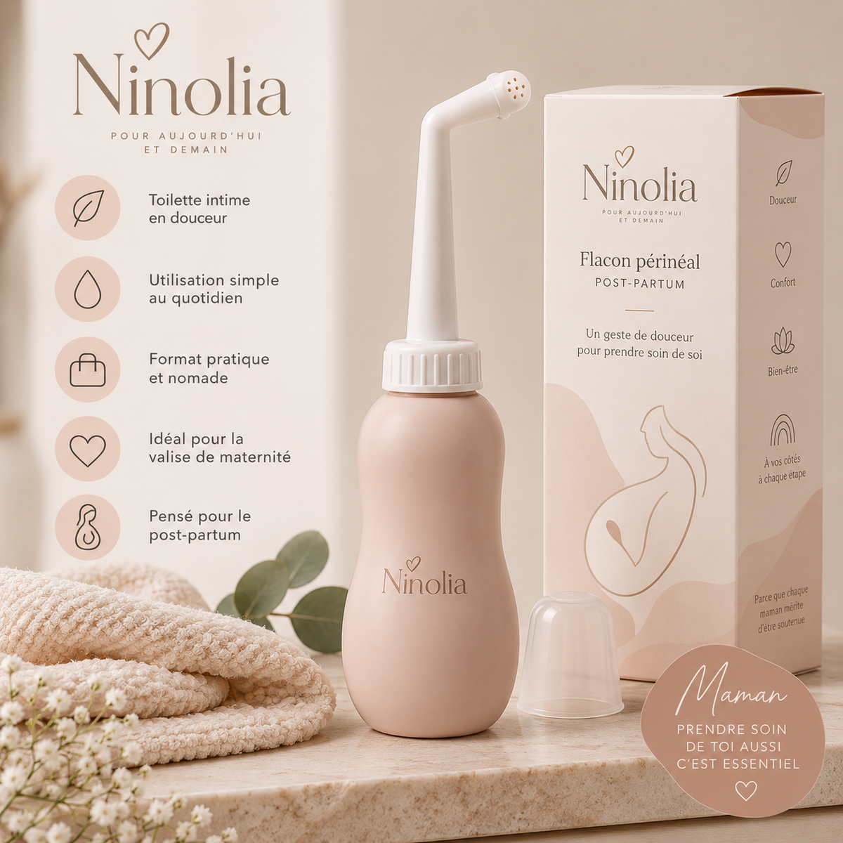 Flacon périnéal post-partum Douceur Ninolia avec emballage dans des tons beige et nude