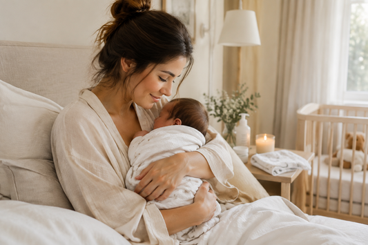 Jeune maman tenant son nouveau-né dans une chambre lumineuse après son retour de maternité