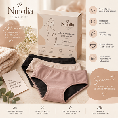 Culotte absorbante post-partum Sérénité Ninolia avec packaging dans des tons beige et nude