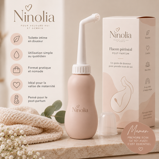 Flacon périnéal post-partum Douceur Ninolia avec emballage dans des tons beige et nude 