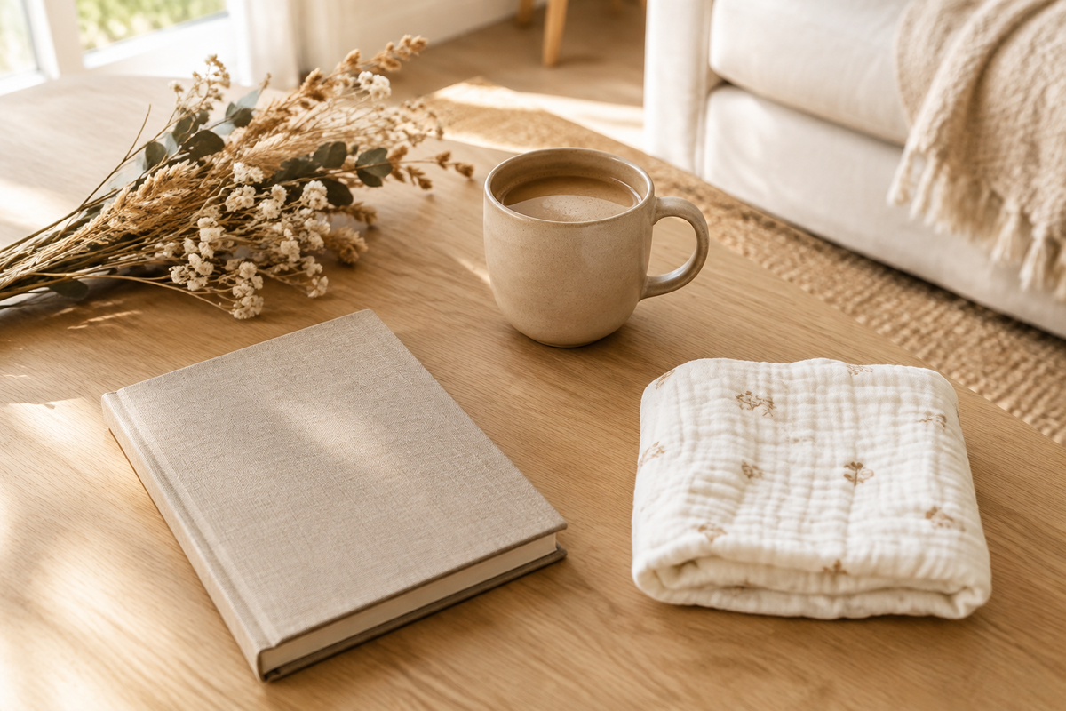 Carnet, tasse et lange pour bébé dans un intérieur chaleureux aux tons beige et crème, univers parental Ninolia